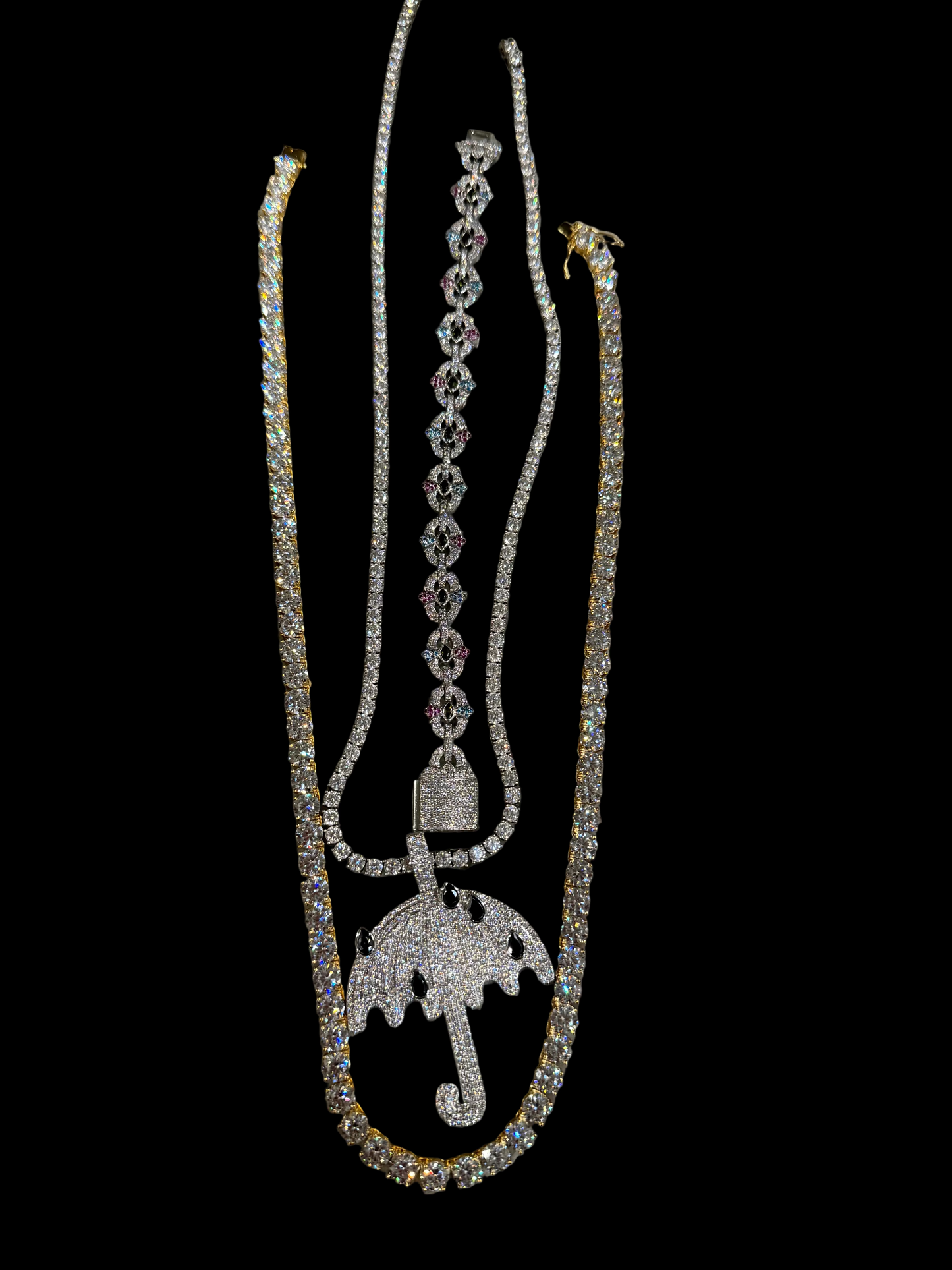 2 tennis chain, 1 bracelet, 1 pendant